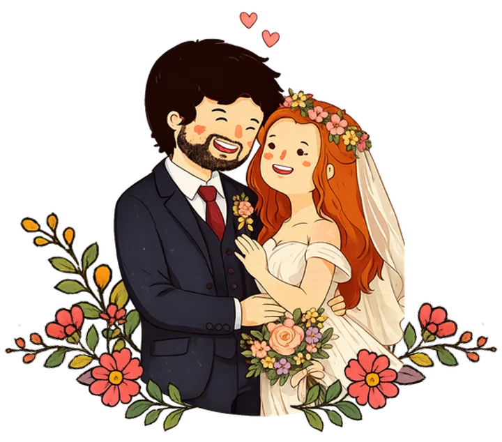 Ilustración de Monserrat y Francisco, los novios, abrazados y rodeados de flores